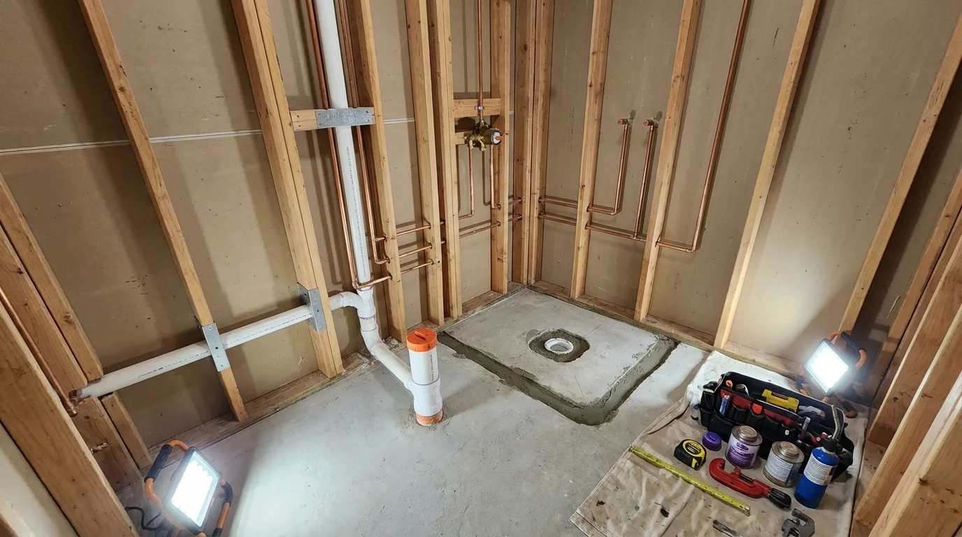 Bathroom rough-in plumbing during remodel by Johns Plumbing LLC in Joseph