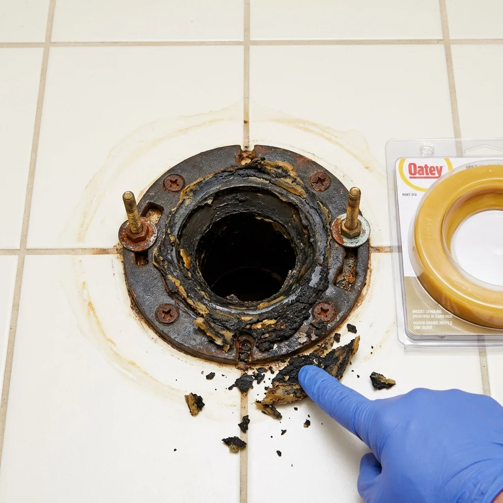 Failed wax ring showing water seepage at the base of a toilet in a Joseph, OR home